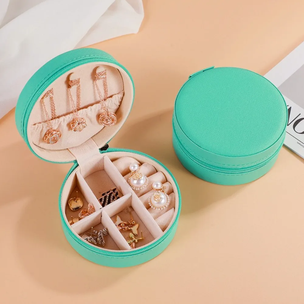 목걸이 귀걸이 반지 라운드 보석 상자 보석 주최자 지퍼 보석 케이스 상자 솔리드 컬러 Pu 가죽 보관 상자 여행