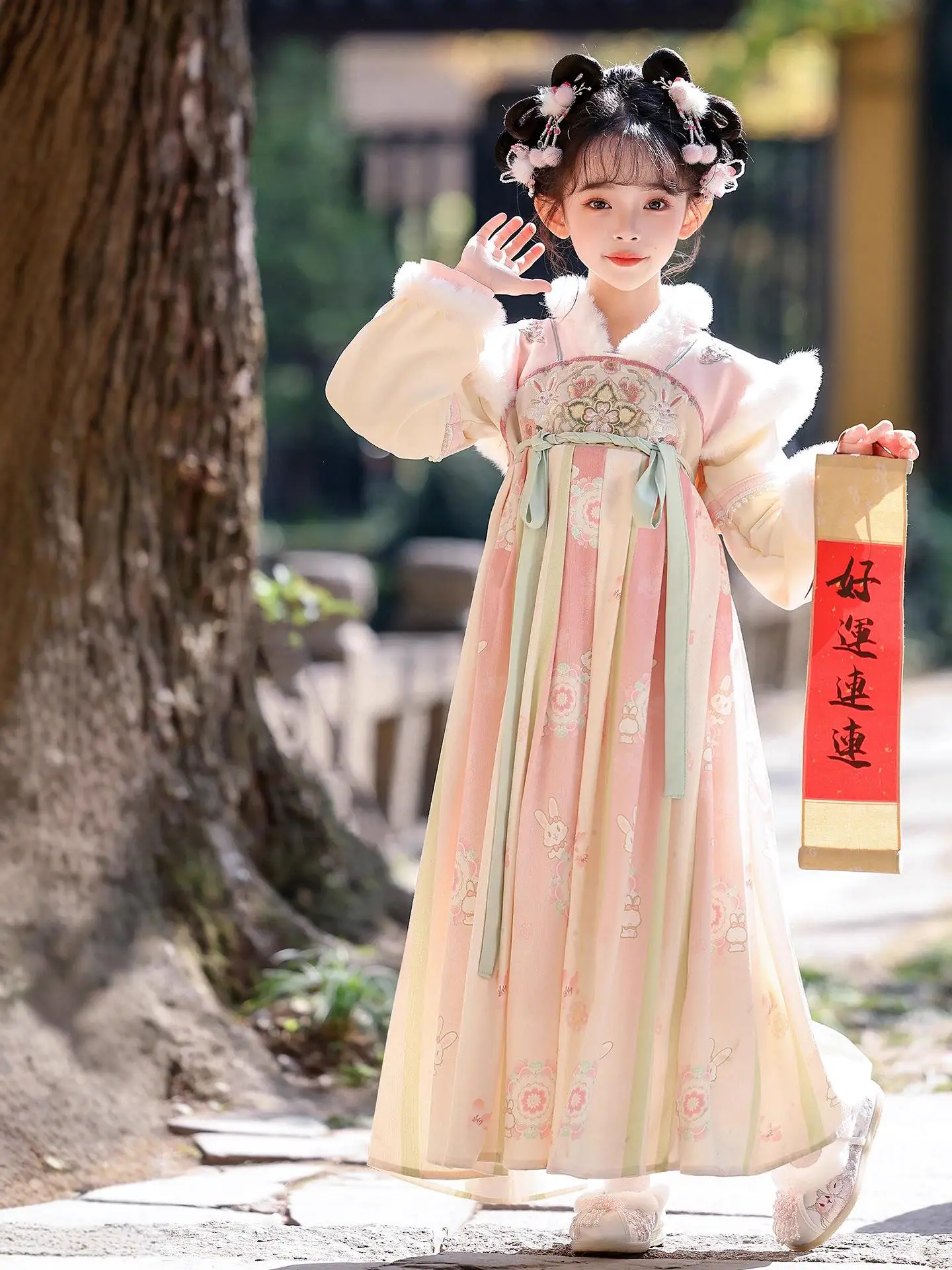 Vestido Tradicional Chinês Hanfu de Inverno em Fleece Espesso para Meninas, Roupas de Ano Novo, Traje Tang para Crianças