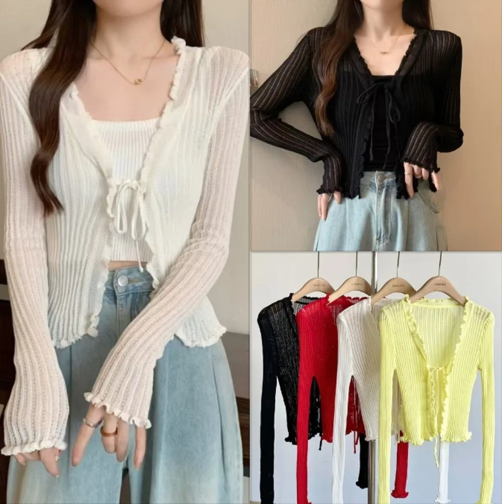 

Long Sleeve Knitted Cardigan Women Slim Casual Thin Sunscreen Shirt Top