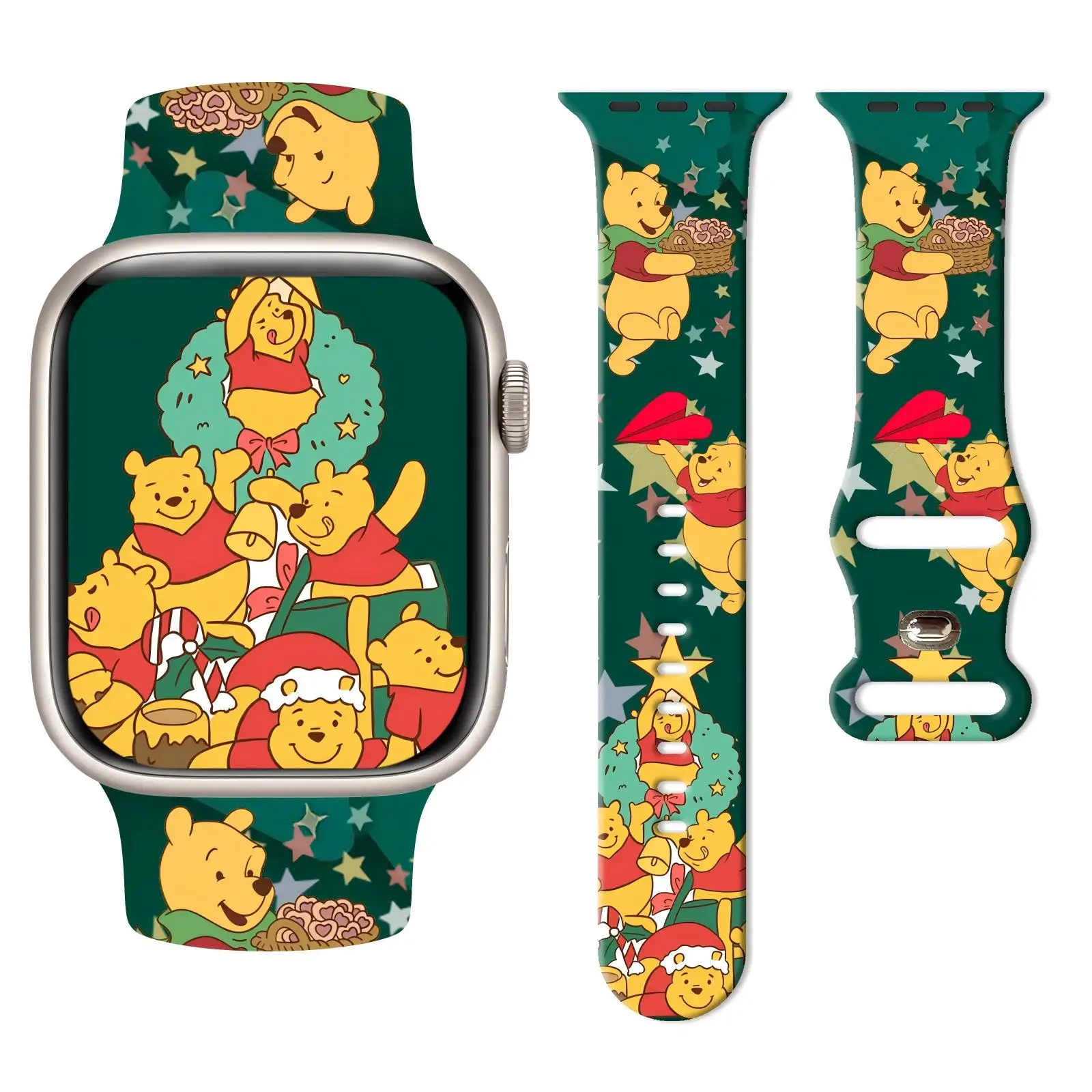 

Disney Christmas Winnie the Pooh Print Band for Apple Watch 11/10/9/SE, Soft Silicone Replacement Strap for 46mm/45mm/44mm/42mm