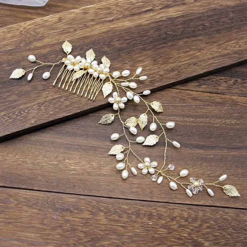 Women Long Hair Comb Jewelry Wedding Hair Accessories Leaf Pearl Bridal Hair Comb Ladies Hair Jewelry Light Gold Comb Headpiece