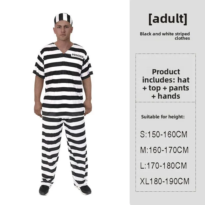 ชุดนักโทษลายทางสีส้มสำหรับผู้ใหญ่ ชุดคอสเพลย์นักโทษ ชุดแสดงบนเวทีสำหรับผู้ชายและผู้หญิง