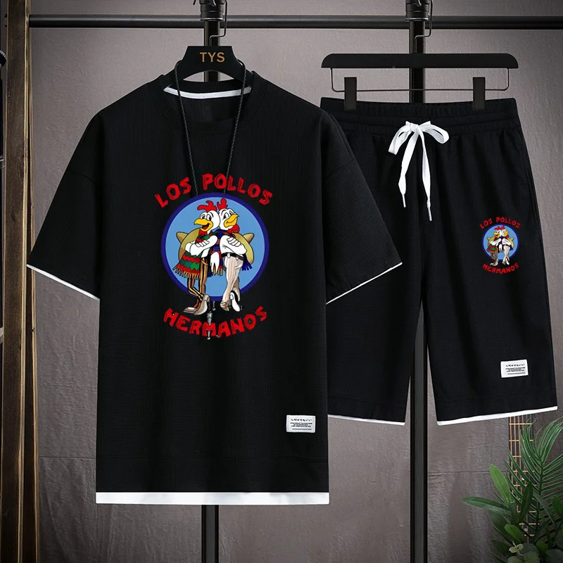 2024 Fashion LOS POLLOS Hermanos Funny Men's Tracksuit Short Sleeve T-shirt and shorts Summer Casual Chicken Brothers Suit Men's