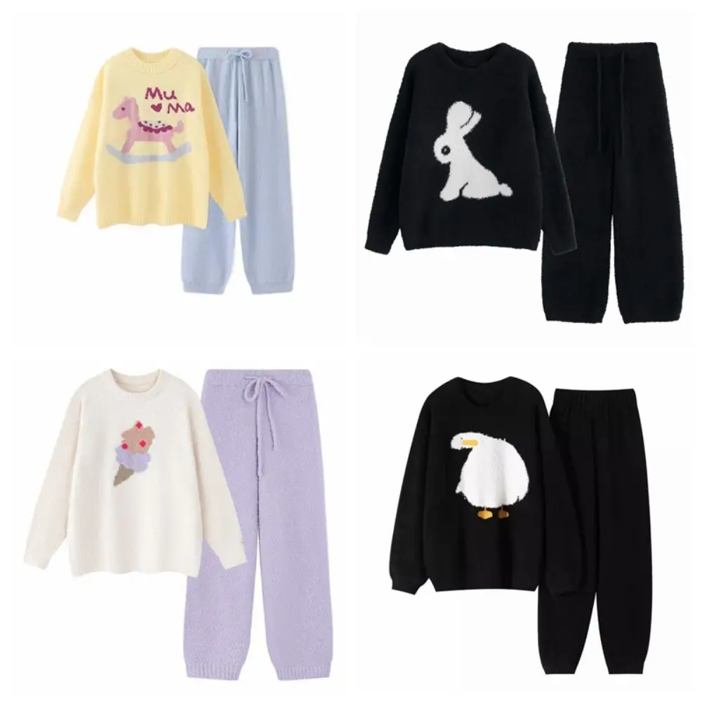 Ins Horse Fleece Pajamas Set Duck Rabbit Long Sleeve Thicken Warm Sleepwear Loose Home Wear Cartoon Pajamas Suit Home