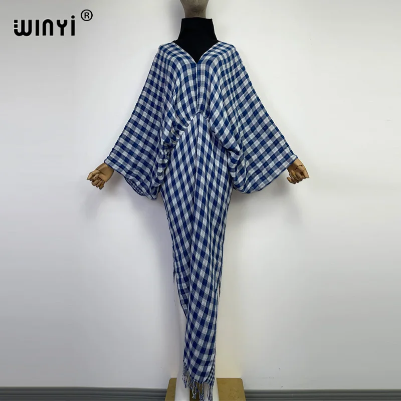 WINYI winter women 2022 Vintage Chic Double plaid printing Comfort Warm fashion kaftan Elegant Africa holiday party long dress