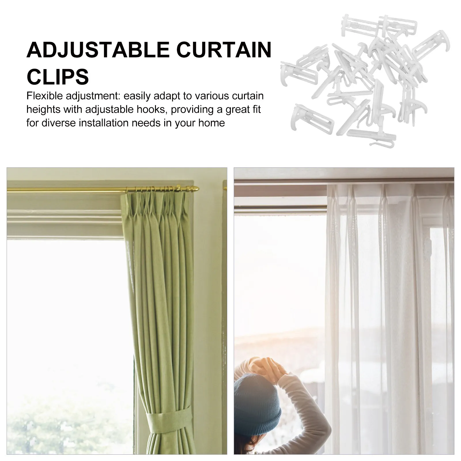 20Pcs Plastic Adjustable Curtain Hooks White Pleated Clips Drapes Hanging Home Curtain Accessories Flexible Height