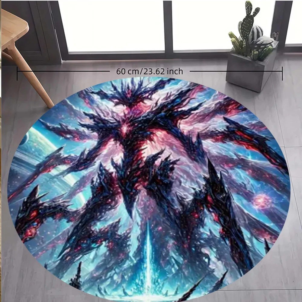 Cosmic Monster Round Rug Flannel Sci Fi Fantasy Floor Mat Gaming Room Decor Alien Creature Galaxy Background Soft Carpet view 2