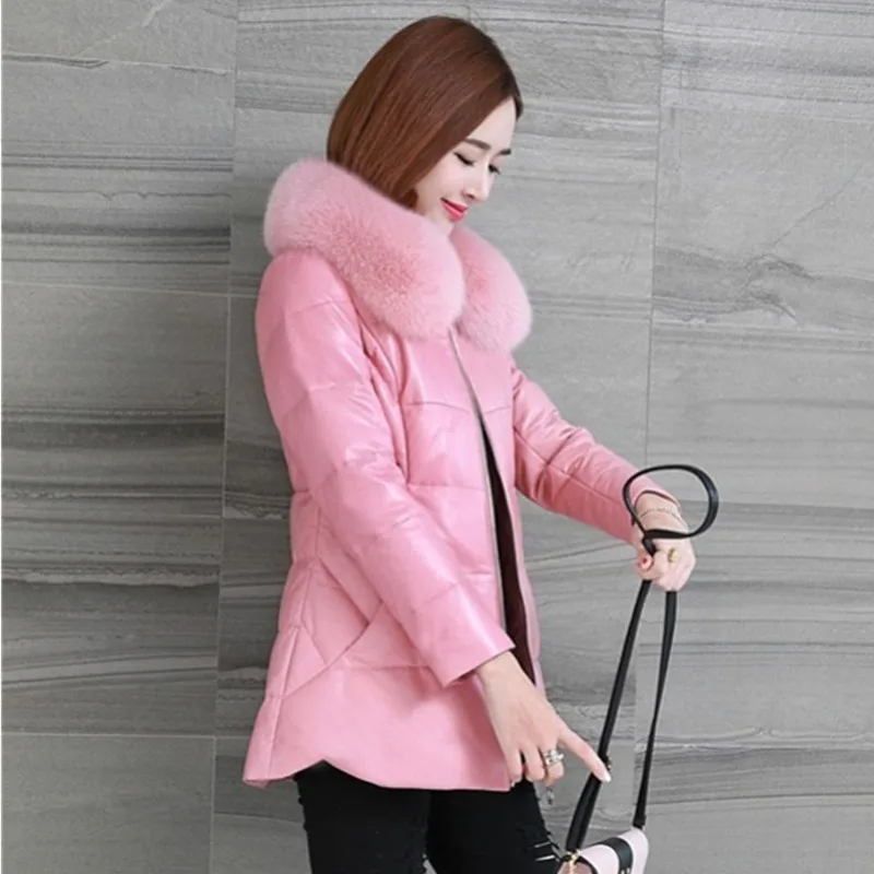 Winter PU Leather Jacket Women's Fashion Fur Collar Zipper Wash Free Faux Leather Padded Coat Female Mid-Aged moMr Outerwear 537