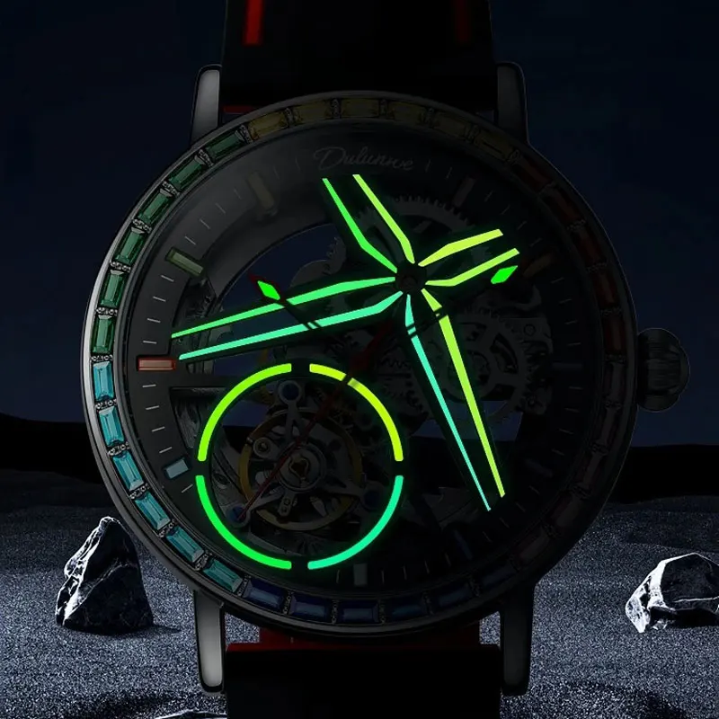 DULUNWE New Men's Top Brand Watch 3ATM All Steel Waterproof Automatic Mechanical Skeleton Design Tourbillon Luminous Men's Watch