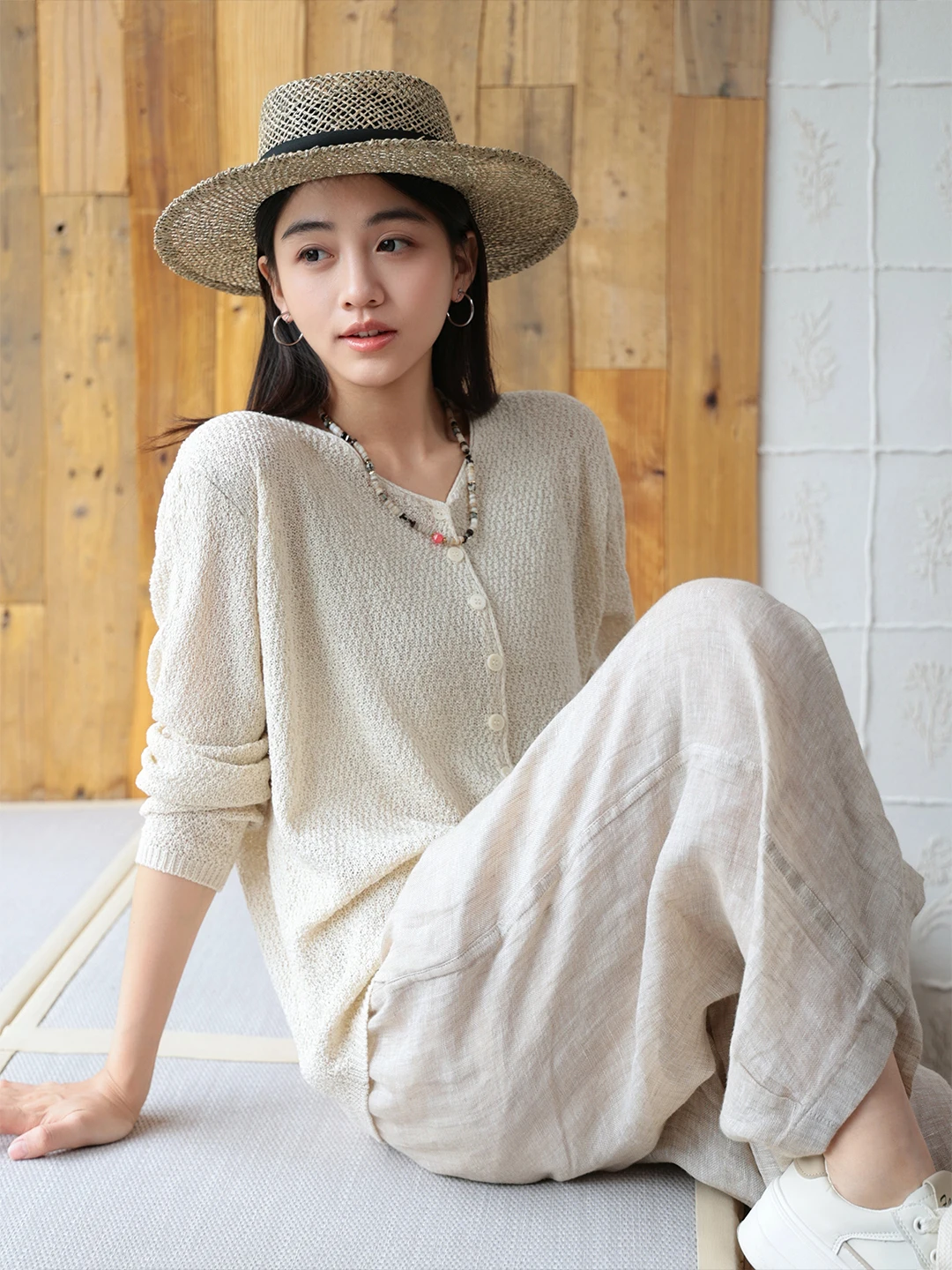 Casual V-Neck Knitted Open Cardigan Women's Hanflax Spring 2026 Hollow out Long Sleeve Straight Fit Pure Color Fashion Top