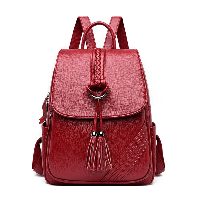 Women's Backpack Soft PU Leather Large Capacity Tassel Pendant Outdoor Travel Shoulder Bag Casual Handbag Daypack