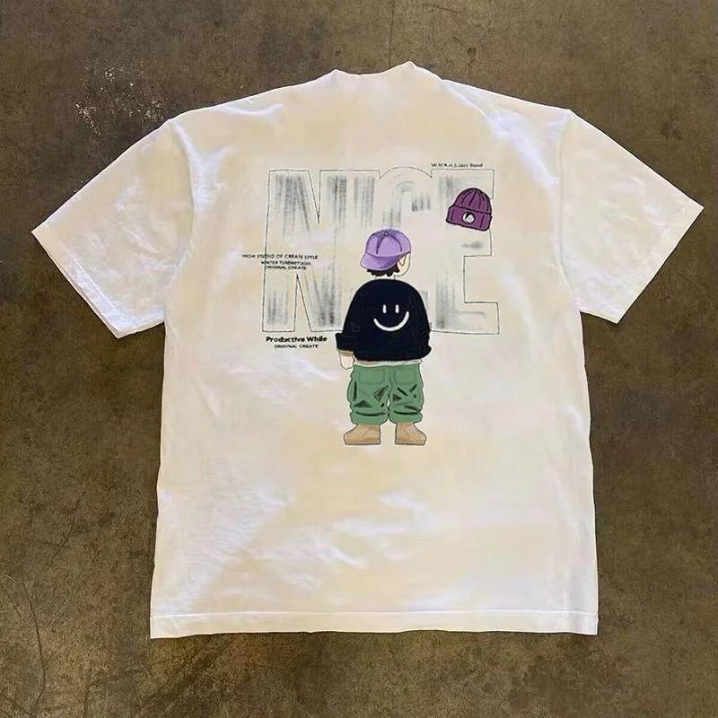 Pure Cotton Short Sleeve T-Shirt Unisex Loose Fit American Retro Style Double Weave 3A260ggrafts by Little Chen Story