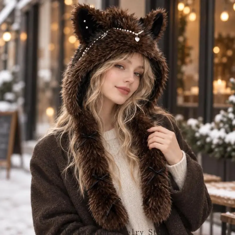 Plush Earflap Hat with 3D Cats Ear, Lined Interior, Extended Ear Coverage, and Foldable Brimless for Winter Travel D0UB