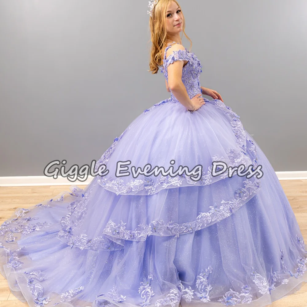 Giggle lilas épaules dénudées Tulle Quinceanera robe 3D Floral Applique robe de bal robe de bal princesse douce 15 robes personnalisées