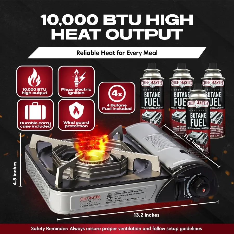 Chef-Master 90011 Stufa da appoggio butano 10 000 BTU portatile con custodia per il trasporto Bruciatore in ottone con accensione piezoelettrica ad alte prestazioni