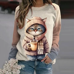 Funny Kawaii Cat Animals Print Cotton Long Sleeve T-Shirts For Women Sweatshirts Female Cute O-Neck Pullover Woman Sweatshirt