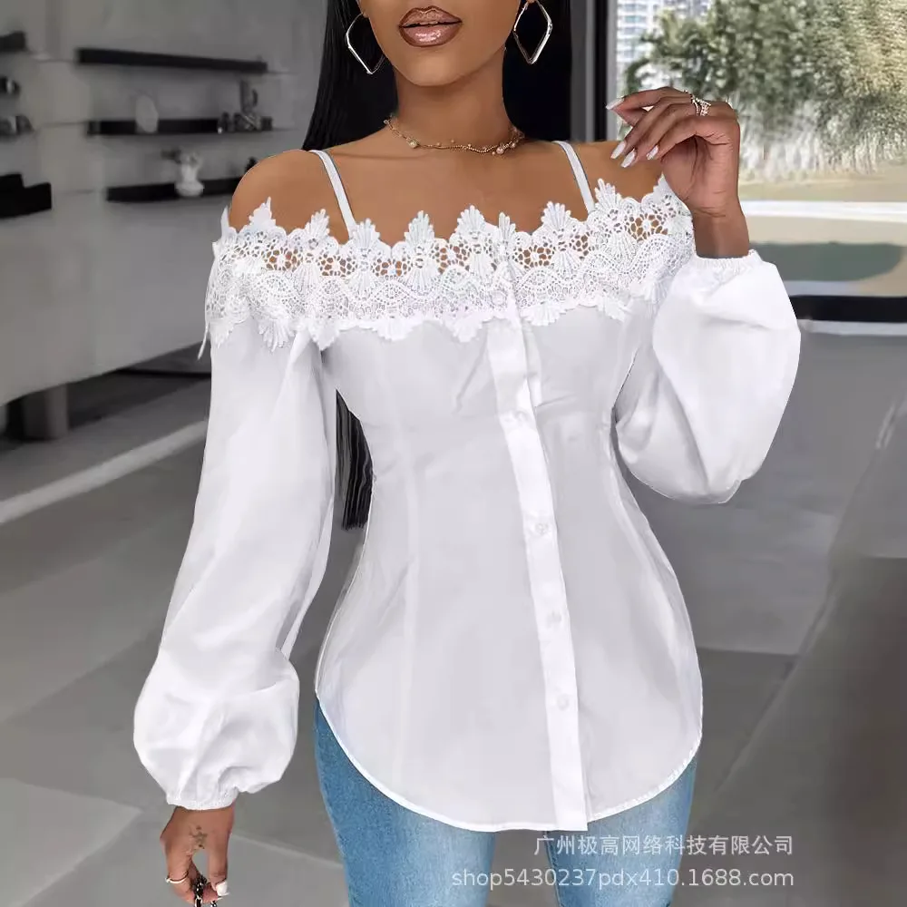 

Women Slash Neck Lace Stitching Long-Sleeved Shirt Blouse Single Breasted Solid Color Shirts