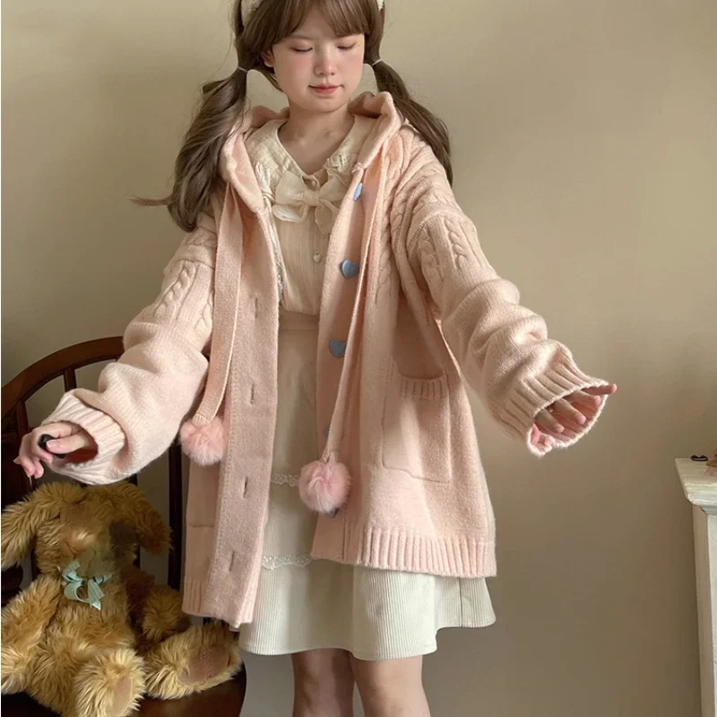 Japanese Cute Lolita Knitted Cardigan Women Harajuku Kawaii Pink Hooded Long Sweater Coat Girls Sweet Loose Pocket Knitwear Tops