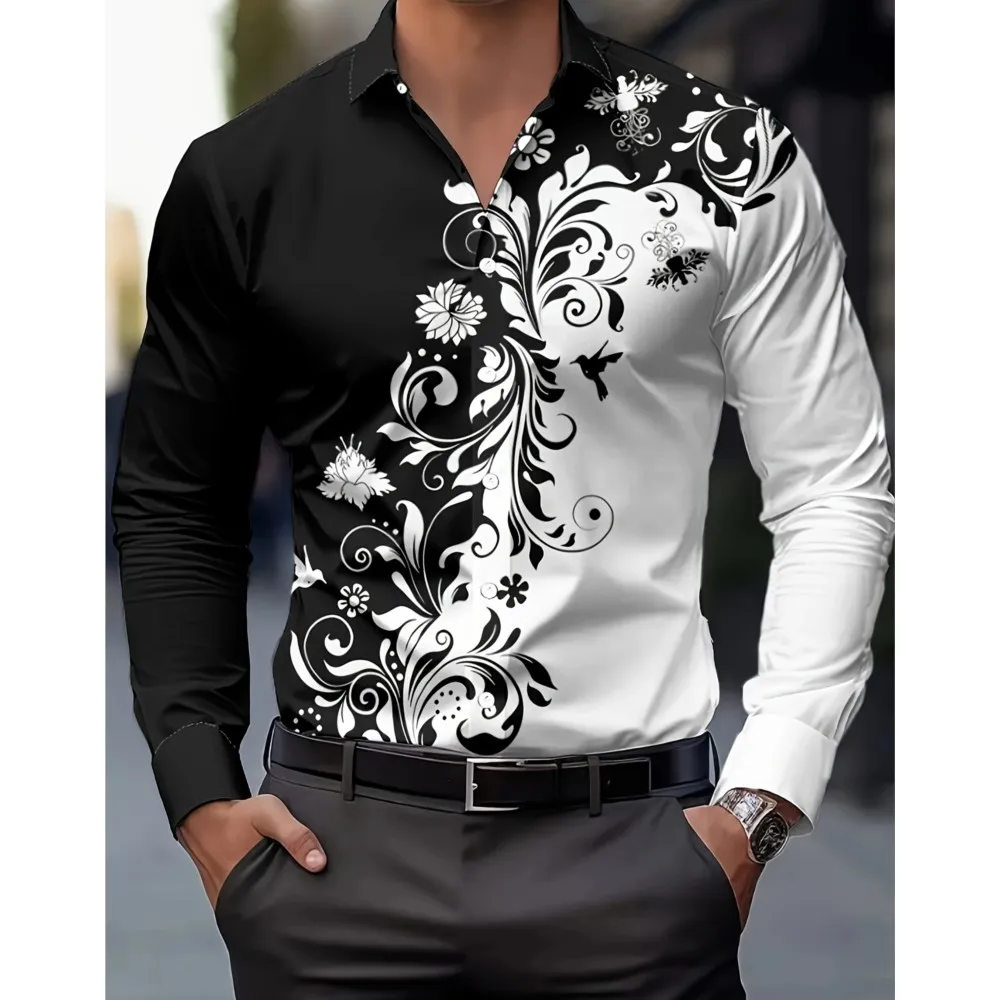 قميص رجالي كاجوال بأكمام طويلة مع طباعة زهور - قميص أسود وأبيض بتصميم بأزرار علوية عادية ملابس كاجوال بطبعة زهور #2