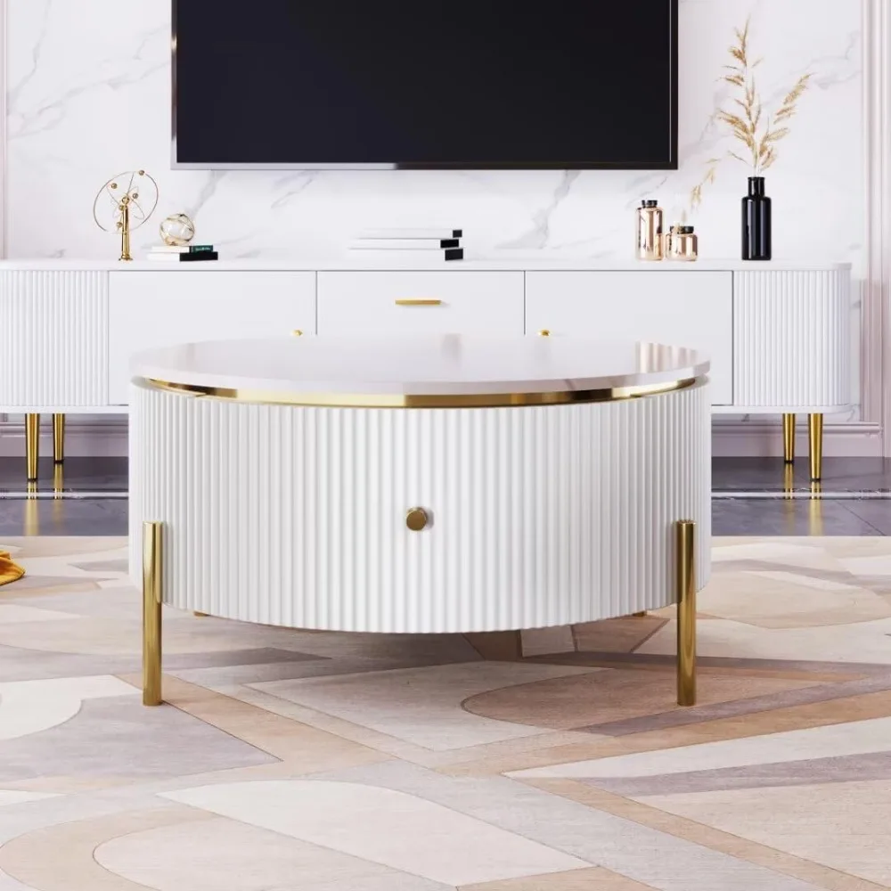 

31.5 Round Coffee Table with 2 Large Drawers Storage Modern Exquisite Marble Pattern Golden Legs for Elegance Living Room