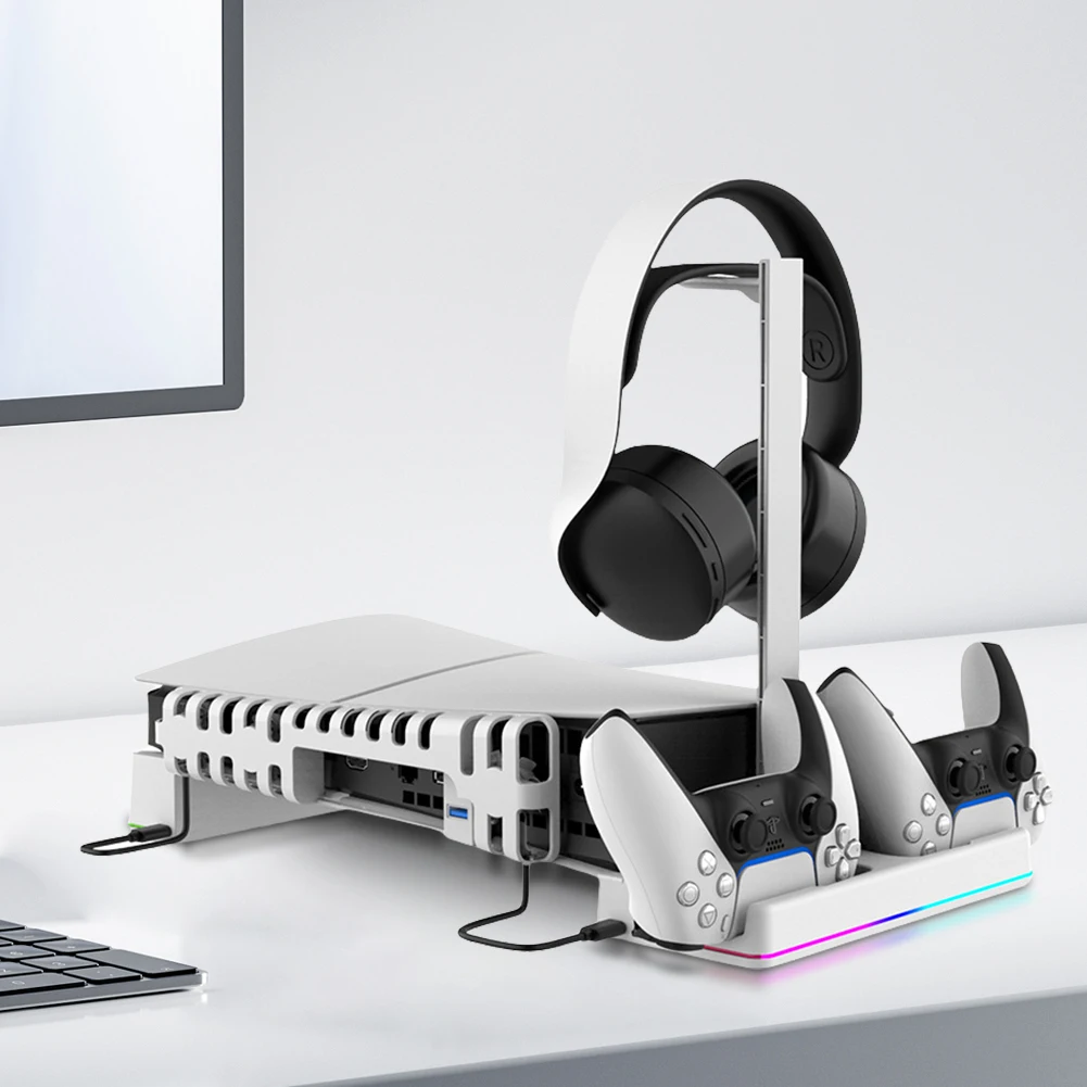 ขาตั้งระบายความร้อนพร้อมที่แขวนหูฟัง PS5ตัวควบคุมคู่สำหรับคอนโซลที่บางเฉียบสำหรับ PlayStation 5แผ่นดิสก์บาง & รุ่นดิจิตอล