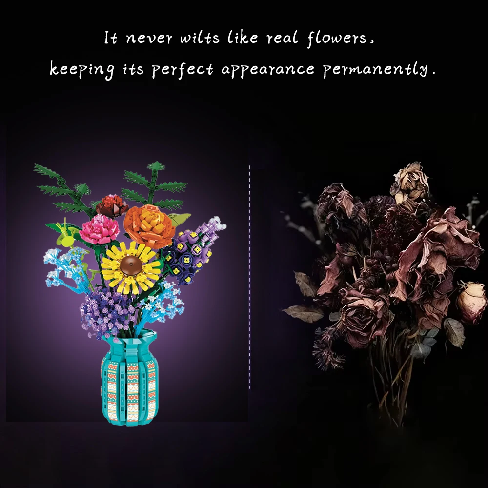 Conjunto de blocos de construção florais com vaso e caixa, várias flores, tijolo de brinquedo, buquê para crianças, presente, 1853 peças, kit de decoração de escritório doméstico diy