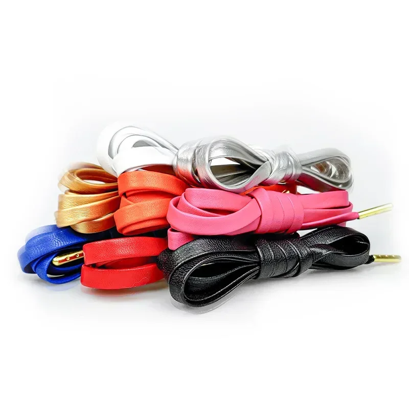 Waterproof Gold Silver Laser Reflective Shoelace Leather Flat Shoelaces PU Metal Head Shoe Laces for AF1 Sports Basketball Shoes