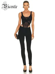 VC Women' Jumpsuit Sexy Corset Black Mesh Patchwok Hollow Out Tight Jumpsuit Fashion Party One Piece Female Clothing