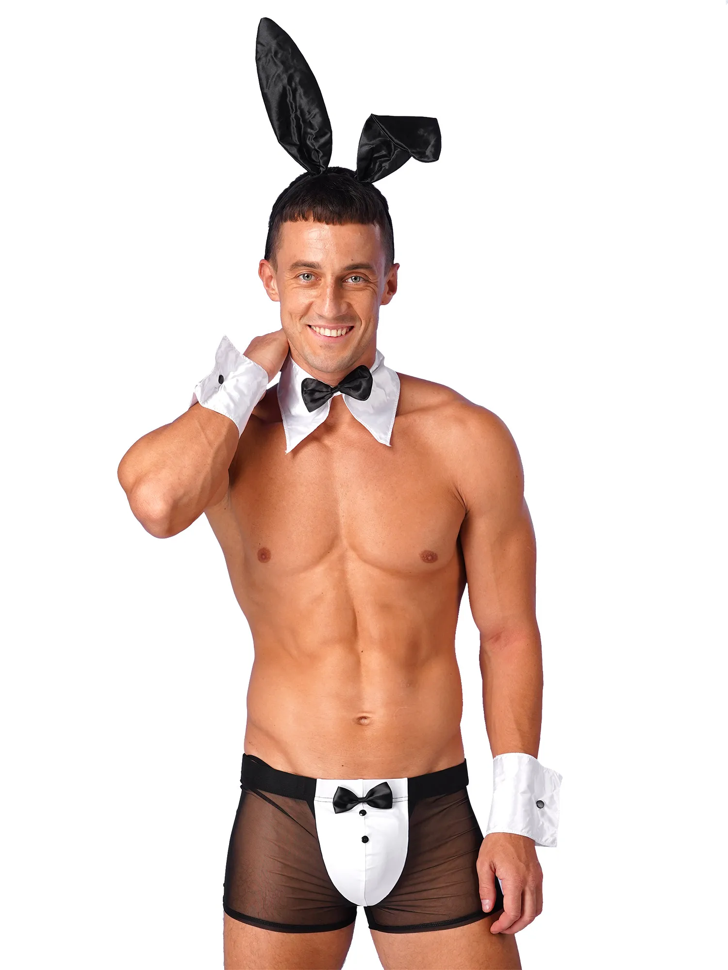 Mens Lingerie Set See Through Rabbit Ears Boxer Briefs Naughty Underwear with Headband Carnival Halloween Bunny Cosplay Costume