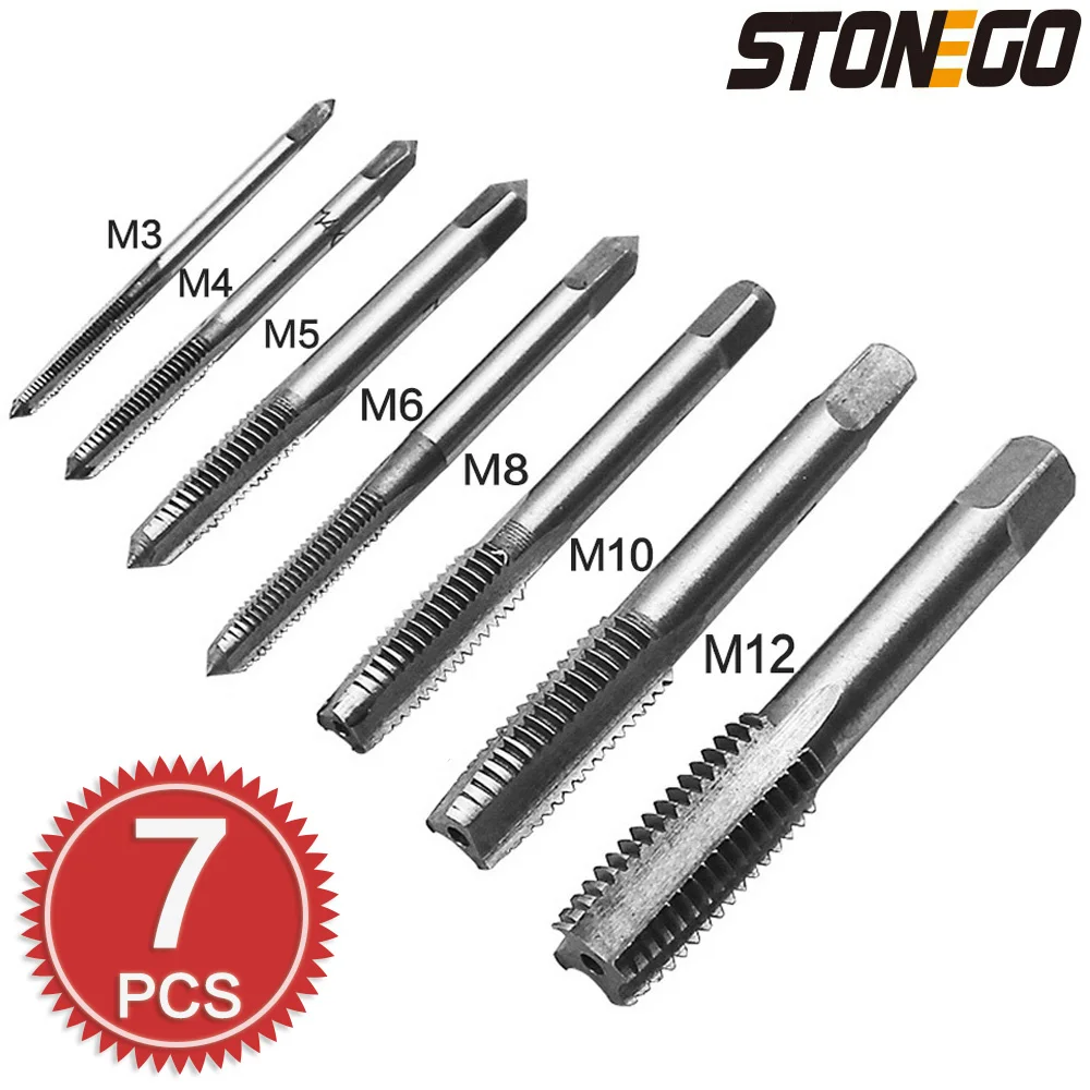 

STONEGO 5PCS/7PCS Bearing Steel Taper Hand Spiral Point Straight Fluted Screw Thread Hand Tap Drill M3/M4/M5/M6/M8/M10/M12