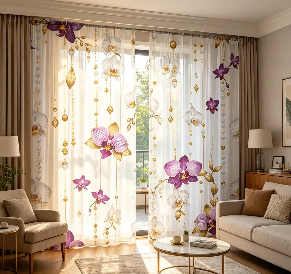 2PCS Digital Printed Sheer Curtain, Chain Orchid Flower Print, Elegant Vintage Floral Chain for Living Room Bedroom Home Decor
