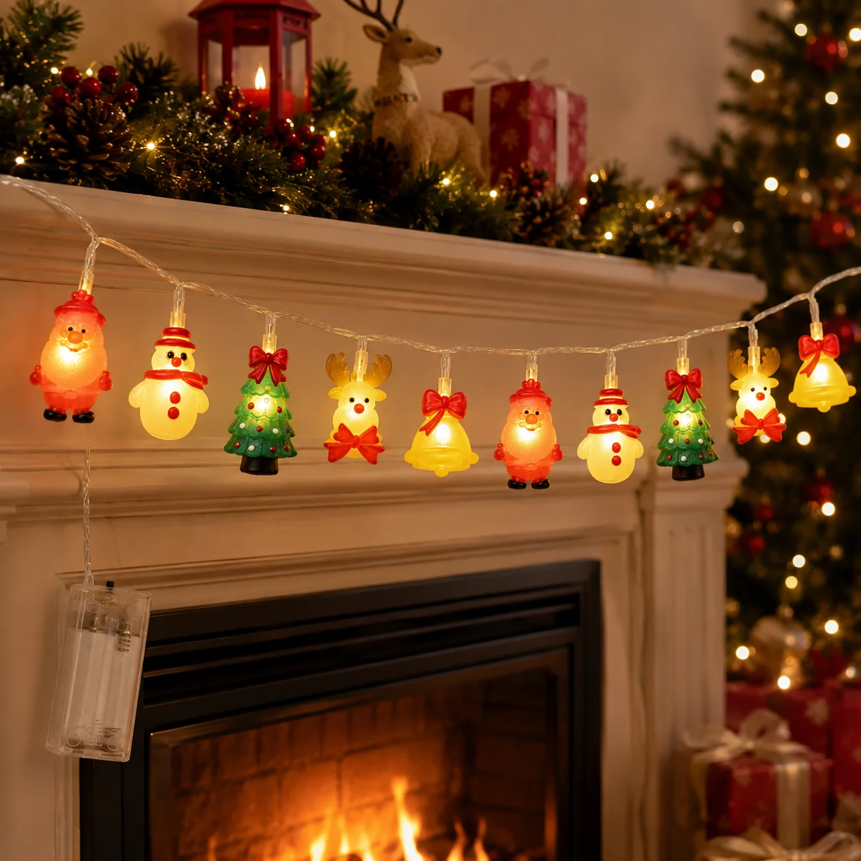 1pc 10/20 LED Soft Santa Claus Snowman Bell & Elk Shape String Light Battery Powered For Home Festival Holiday Christmas Decor