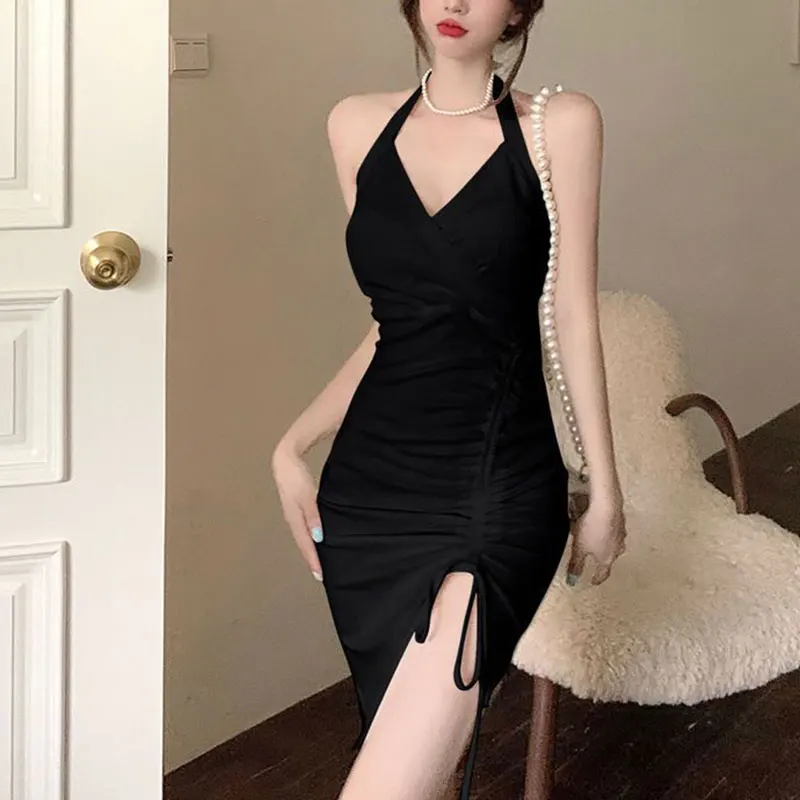 

Women's Sling V-neck Dress, Monochromatic, Elegant, Sexy, Slim, Temperament, Slim, Summer, New Style, Fashion