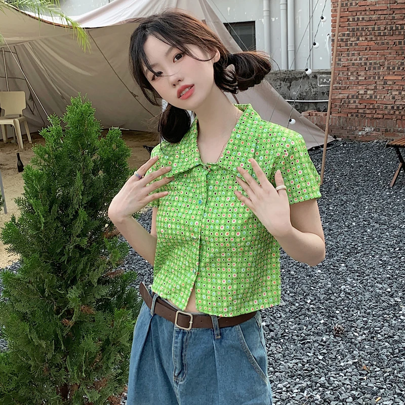 Floral Shirts Women Summer Korean Style Y2k Fashion Vintage Half Sleeve Streetwear Hotsweet Hipster Temperament Cropped Clothing