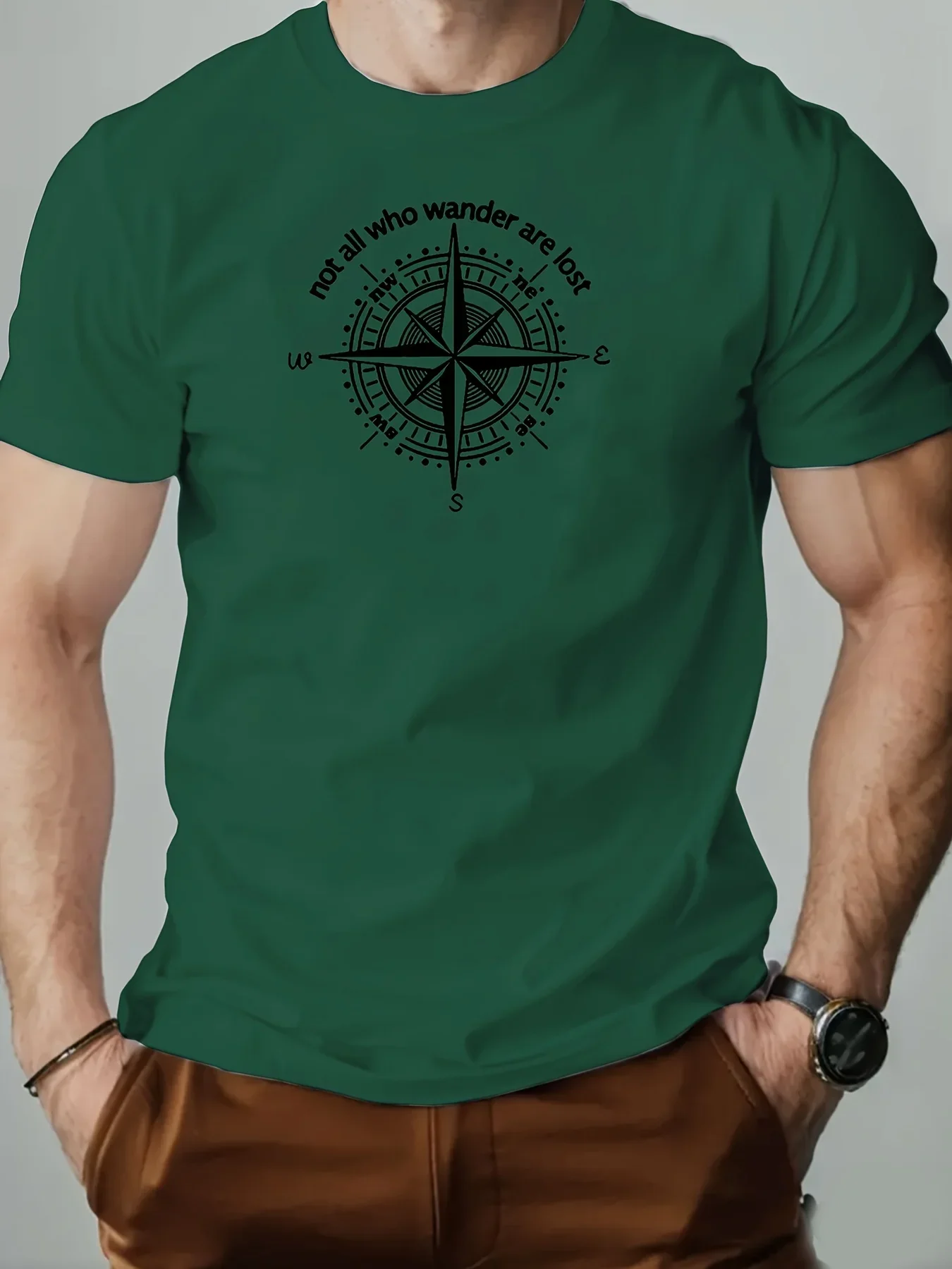 T-shirt à manches courtes et col rond pour hommes, 100% pur coton, à la mode, sport décontracté, ample, motif de boussole impri
