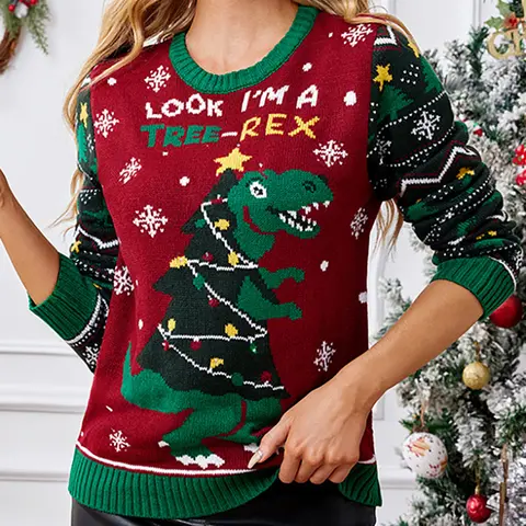 Kerst dinosaurus LED-verlichting trui rood groen kleurblok trui O-hals nieuwigheid mouw print leuk vakantie familie cadeau