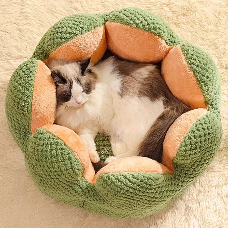 Cat bed winter thick warm cactus petal pet bed sleeping soft dog bed dog mat cat house round cute pet supplies deep sleeping bed