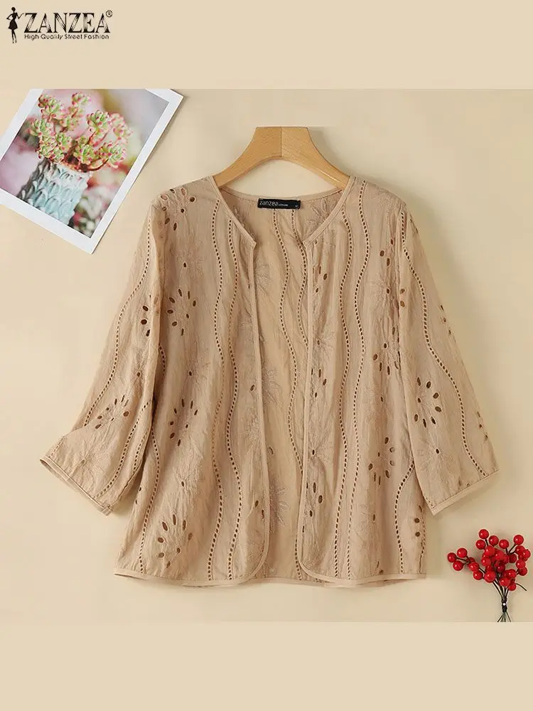 ZANZEA Fashion Summer Cardigan Women 3/4 Sleeve Lace Crochet Blouse Bohemian Open Front Shirt Casual Cotton Embroidery Tops