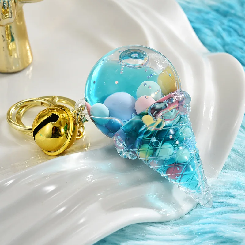 Cute Luminous Liquid Ice Cream Key Chain Cartoon Floating Jelly Bean Keychain Girl Women Couple Backpack Pendant Key Ring Gift