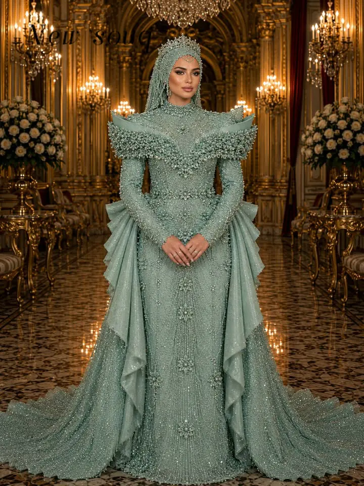 

5 Colors Middle East Muslim Heavy Crystals Beaded Wedding Evening Dresses with Detachable Train Customized Arabic Prom Gowns