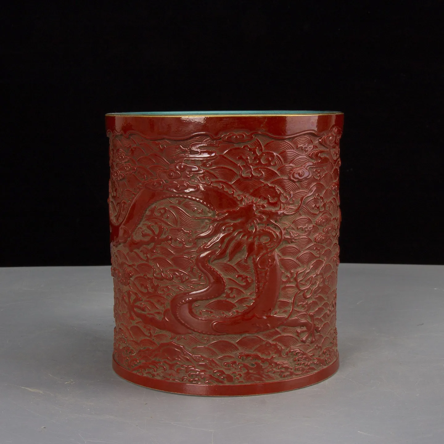 5.7 inch Chinese Qing Qianlong Red Porcelain Carved Dragon Design Pot Pen Holder