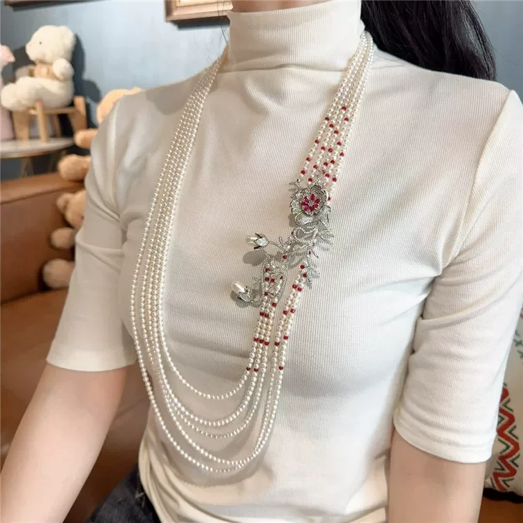 Natural Multi-Layer wtih Floral Accessories Jewelry Long Cardigan  Freshwater Pearl Necklace