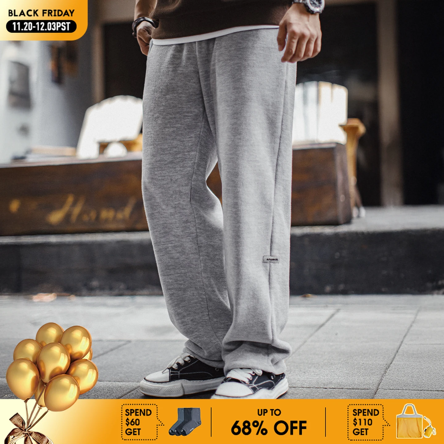 

Maden Men's Gray Brushed Fleece Sweatpants Lined Straight Leg Casual Pants Elastic Waist Cuffed Warm Trousers for Autumn Winter