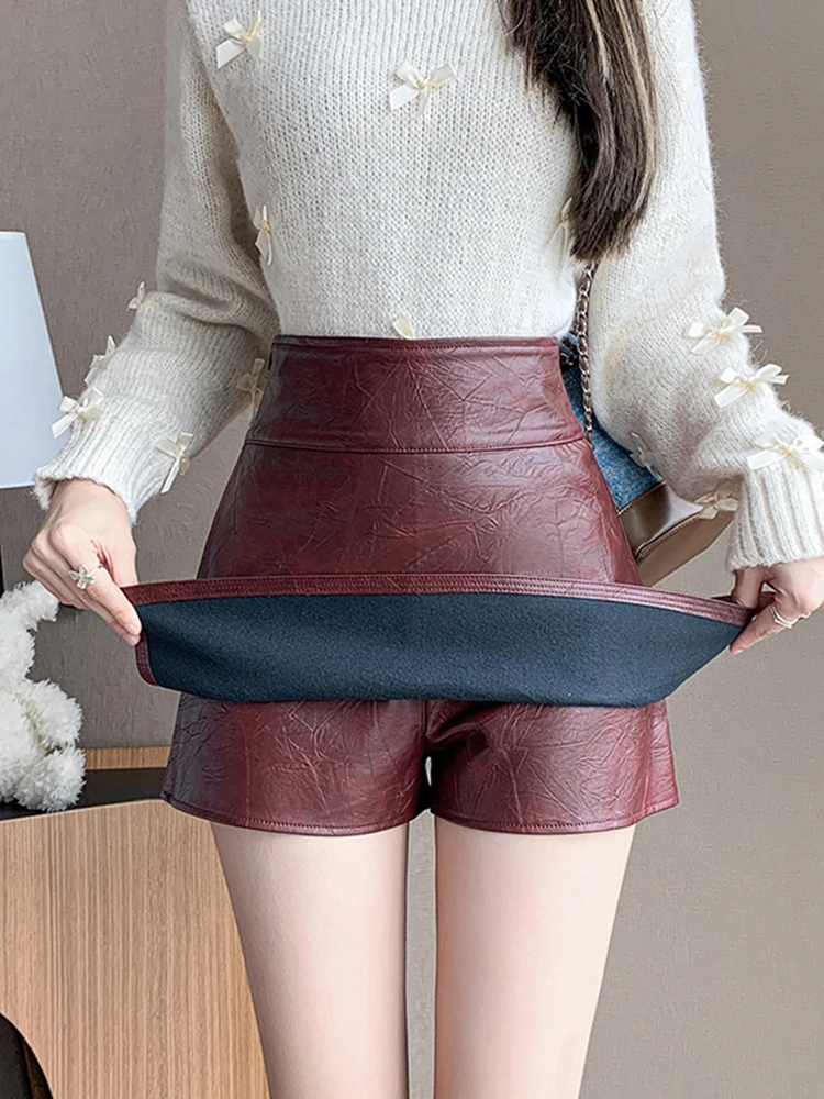 秋冬レザーミニスカート女性ファッションストリートウェア Y2K スカートショーツサイドスリットセクシーなキュロット A ラインナイトパーティースカート