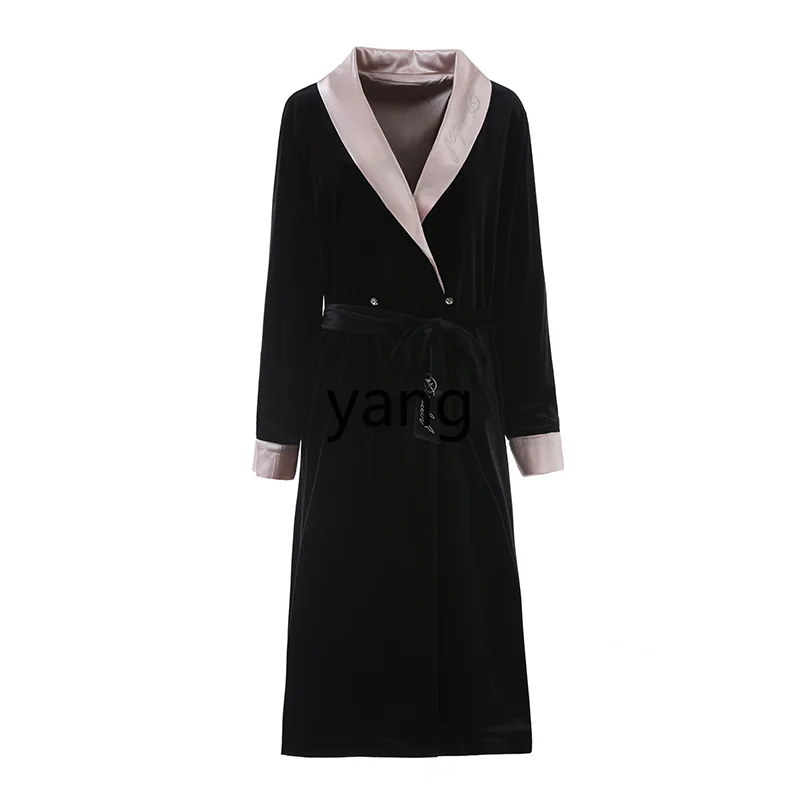

LMM light luxury lapel satin velvet splicing nightgown medium and long high-end spring and autumn pajamas women's models