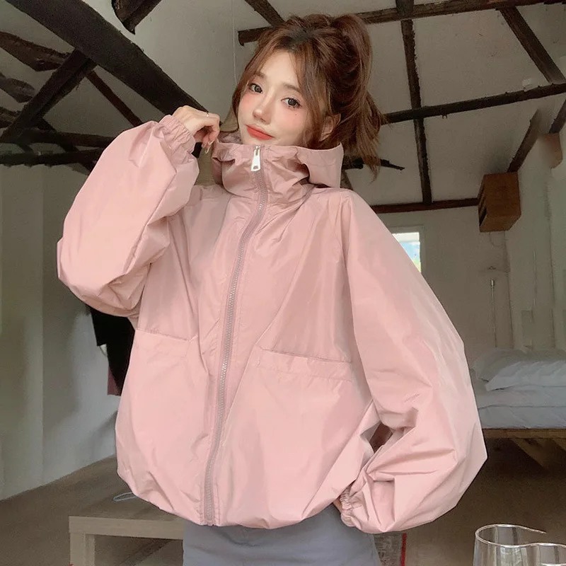 Women Sun-protective Coat Lady Spring Summer Casual Loose Solid Color Cropped Hoodie Sports Jacket Zipper Sun-protective Coat