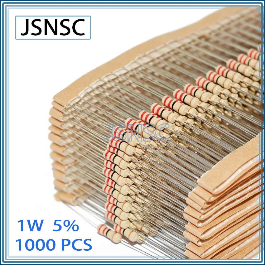 JSNSC 1000PCS 5% 1W 1R 2R 3R 10R 12R 15R 18R 20R 22R 24R 27R 30R 33R 36R 39R 43R 47R 51R 56R 1K 10K OHM carbon film DIP resistor