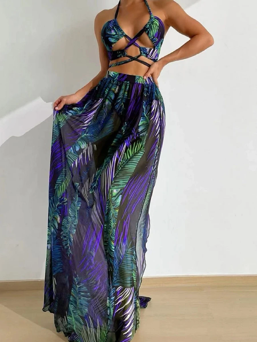 Maillot de bain 3 pièces pour femmes, sexy, rembourré, col licou, croix, bikini, amissié, vêtements de plage, été, 2024