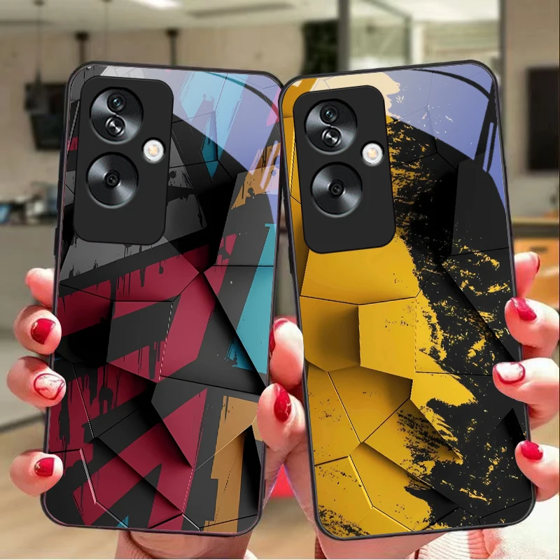 geometric pattern For Oppo A79 5G 58 78 74 60 4G Reno 11F Realme GT 6 11 Note 50 10 C55 X2 Tempered glass black phone case