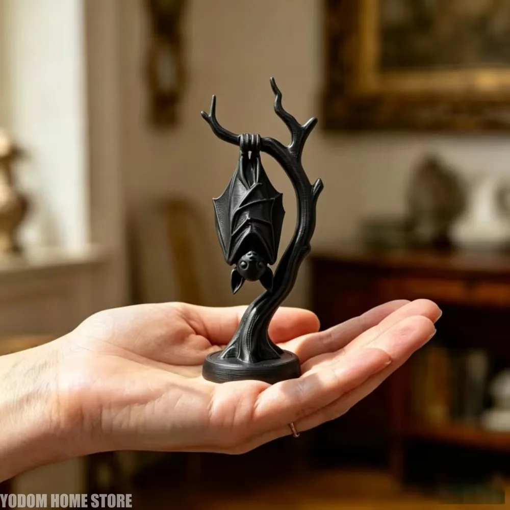 Halloween Gothic Bat Figurine 3D Printed on Branch Spooky Sculpture Desk Bookshelf Creepy Decor Ornament Gift